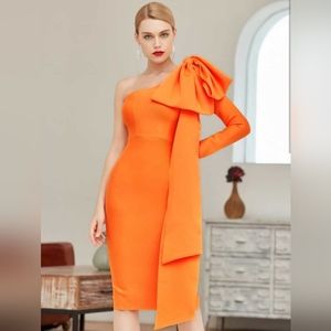 Neon Orange One Sleeve Pencil Dress with Bow Accent